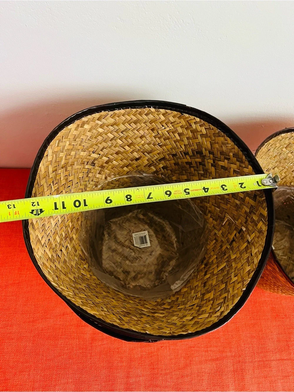 Natural Straw Storage Baskets with Dark Brown Trim